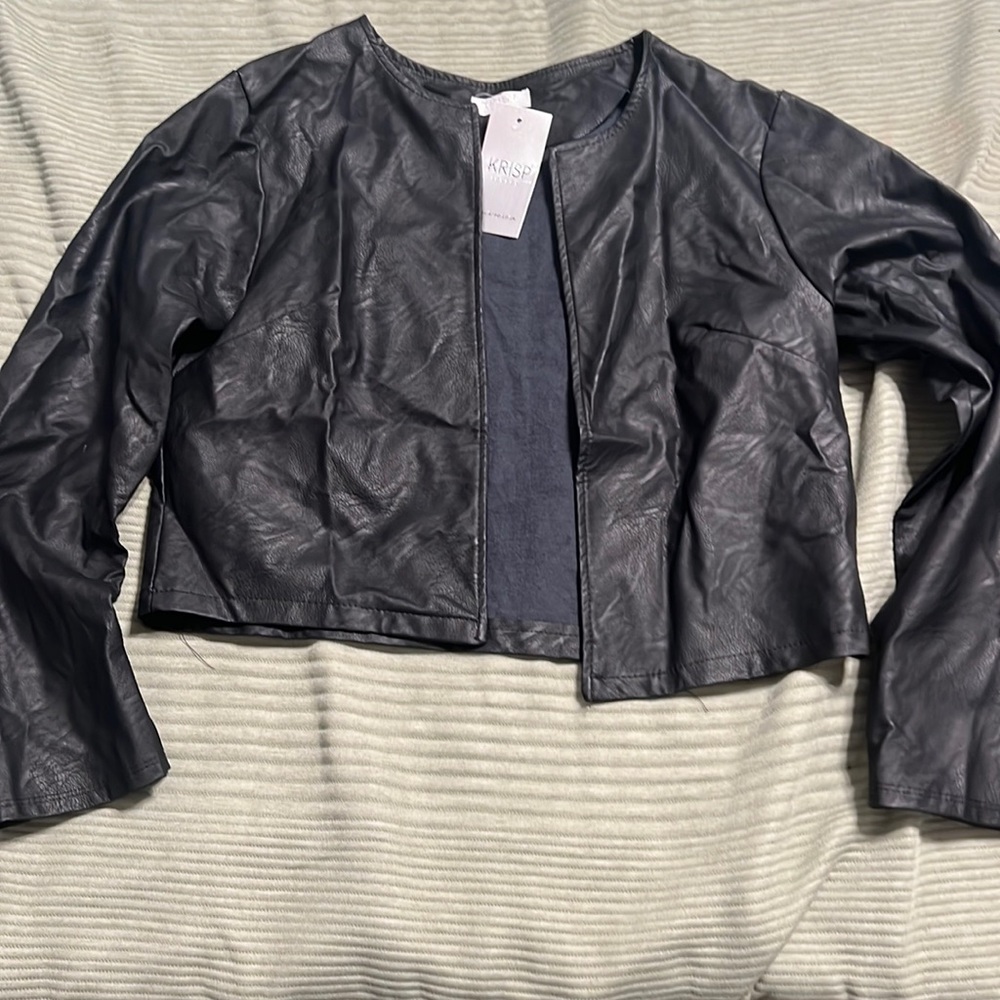 KRISP Women PU Leather Cropped Jacket Long Sleeve Bolero